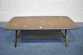 AN ERCOL COFFEE TABLE, with a spindled undershelf, length 106cm x depth 46cm x height 36cm