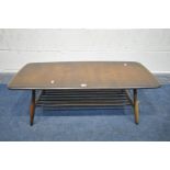 AN ERCOL COFFEE TABLE, with a spindled undershelf, length 106cm x depth 46cm x height 36cm