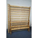 A PINE 4FT6 BEDSTEAD, with slats and bolts