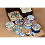 NINE WORCESTERSHIRE ENAMEL BOXES, comprising two small boxes Poppy and Bluebell, diameters 3cm,