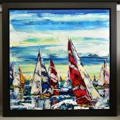 MAYA EVENTOV (RUSSIA 1964) 'SAILING AT SUNSET I', brightly coloured yachts under sail, signed bottom