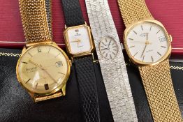 FOUR WRISTWATCHES, to include a gold tone Rotary quartz watch with a weaved design strap, gold baton