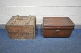 A VINTAGE WOODEN CRATE, stamped BT Hotels services, head Cellars, Liverpool along with a tin