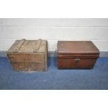 A VINTAGE WOODEN CRATE, stamped BT Hotels services, head Cellars, Liverpool along with a tin