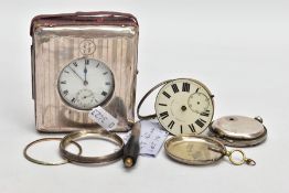 A SILVER OPEN FACE POCKET WATCH WITH CASE AND ONE OTHER, the first pocket watch with a round white