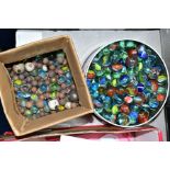A COLLECTION OF ASSORTED MARBLES, various sizes, styles and colours, all in play worn condition,