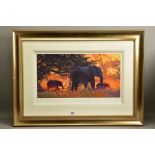 ROLF HARRIS (AUSTRALIAN 1930) 'BACKLIT GOLD' a limited edition print 100/195 depicting Elephants,