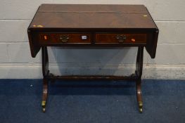 A MODERN MAHOGANY SOFA TABLE with two drawers, open length 145cm x closed length 94cm x depth 56cm x