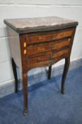 A LOUIS XV STYLE ROSEWOOD AND MARQUETRY INLAID CHEST OF THREE DRAWERS, with marble mounts and marble