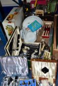 TWO BOXES AND LOOSE COOK WARES, CUTLERY, PLATES, GLASS BOWL SET ETC, to include a boxed Ravenhead
