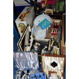 TWO BOXES AND LOOSE COOK WARES, CUTLERY, PLATES, GLASS BOWL SET ETC, to include a boxed Ravenhead