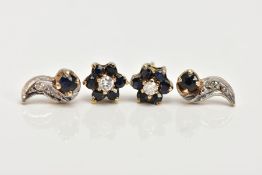 A PAIR OF 9CT GOLD DIAMOND AND SAPPHIRE EARRINGS, cluster design, each set with one round