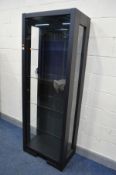 A QUBA OAK BLACK STAINED SINGLE DOOR DISPLAY CABINET, with four glass shelves, width 70cm x depth