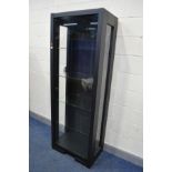 A QUBA OAK BLACK STAINED SINGLE DOOR DISPLAY CABINET, with four glass shelves, width 70cm x depth