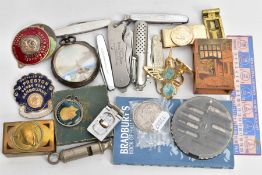 A BOX OF ASSORTED ITEMS, to include a silver pocket watch case, the watch mechanism has been removed