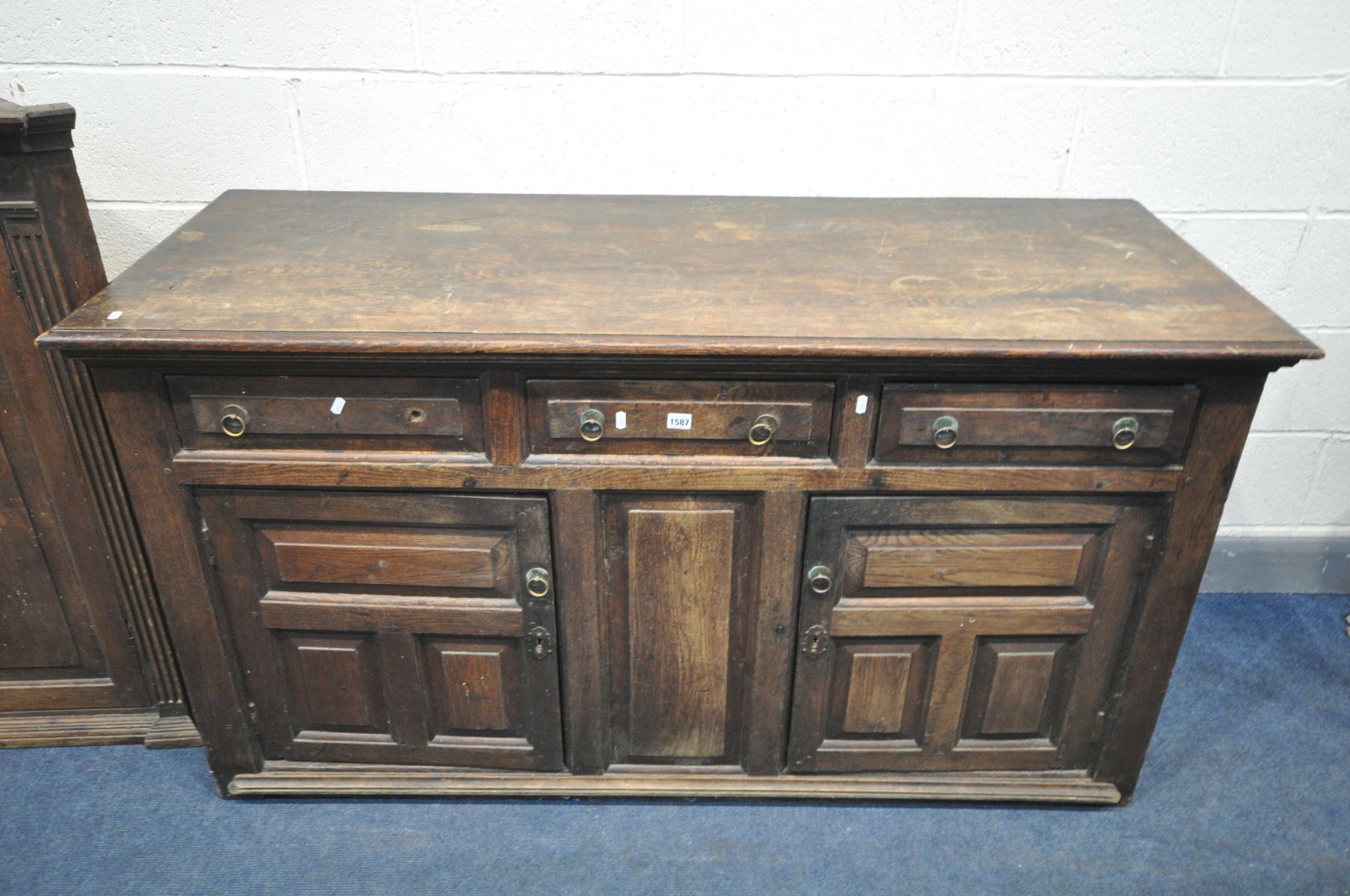 A GEORGIAN OAK DRESSER BASE, width 163cm x depth 63cm x height 87cm and a Georgian oak hanging - Image 2 of 4