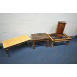 A HARDWOOD AND IRON COFFEE TABLE (no glass insert) a hardwood single door cabinet, a pine coffee