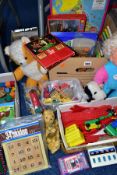 FOUR BOXES OF VINTAGE BUILDING BLOCKS, GAMES, PUZZLES AND OTHER TOYS, to include mainly cube