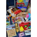 FOUR BOXES OF VINTAGE BUILDING BLOCKS, GAMES, PUZZLES AND OTHER TOYS, to include mainly cube