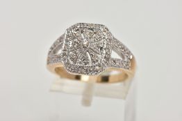 A 9CT GOLD DIAMOND DRESS RING, openwork cushion shape, set with single cut diamonds, to the single