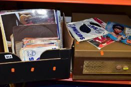 A BOX OF SINGLES RECORDS AND LPS AND A HANDY GRAM PORTABLE RECORD PLAYER, no tested, case dusty