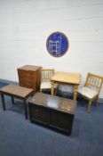 A MODERN SQUARE PINE KITCHEN TABLE and two chairs, an oak blanket chest, yew wood hi-fi cabinet, a