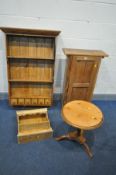 A PITCH PINE PANELLED SINGLE DOOR CABINET, width 59cm x depth 24cm x height 95cm, a pine hanging