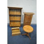 A PITCH PINE PANELLED SINGLE DOOR CABINET, width 59cm x depth 24cm x height 95cm, a pine hanging