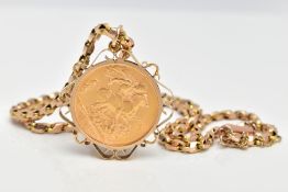 A SOVEREIGN PENDANT AND CHAIN, the George V, 1912 full sovereign in a scrolling mount, suspended