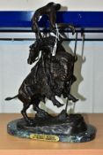A REPRODUCTION BRONZE AFTER FREDERIC REMINGTON BUFFALO HORSE , mounted on an oval green marble