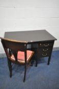 A STAINED OAK DESK, with three drawers and brushing slide, width 107cm x depth 61cm x height 76cm,