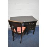 A STAINED OAK DESK, with three drawers and brushing slide, width 107cm x depth 61cm x height 76cm,