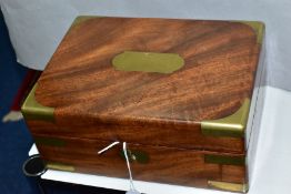A MID VICTORIAN WALNUT AND BRASS BOUND STATIONERY/ WRITING BOX, flush fitting brass handle to the