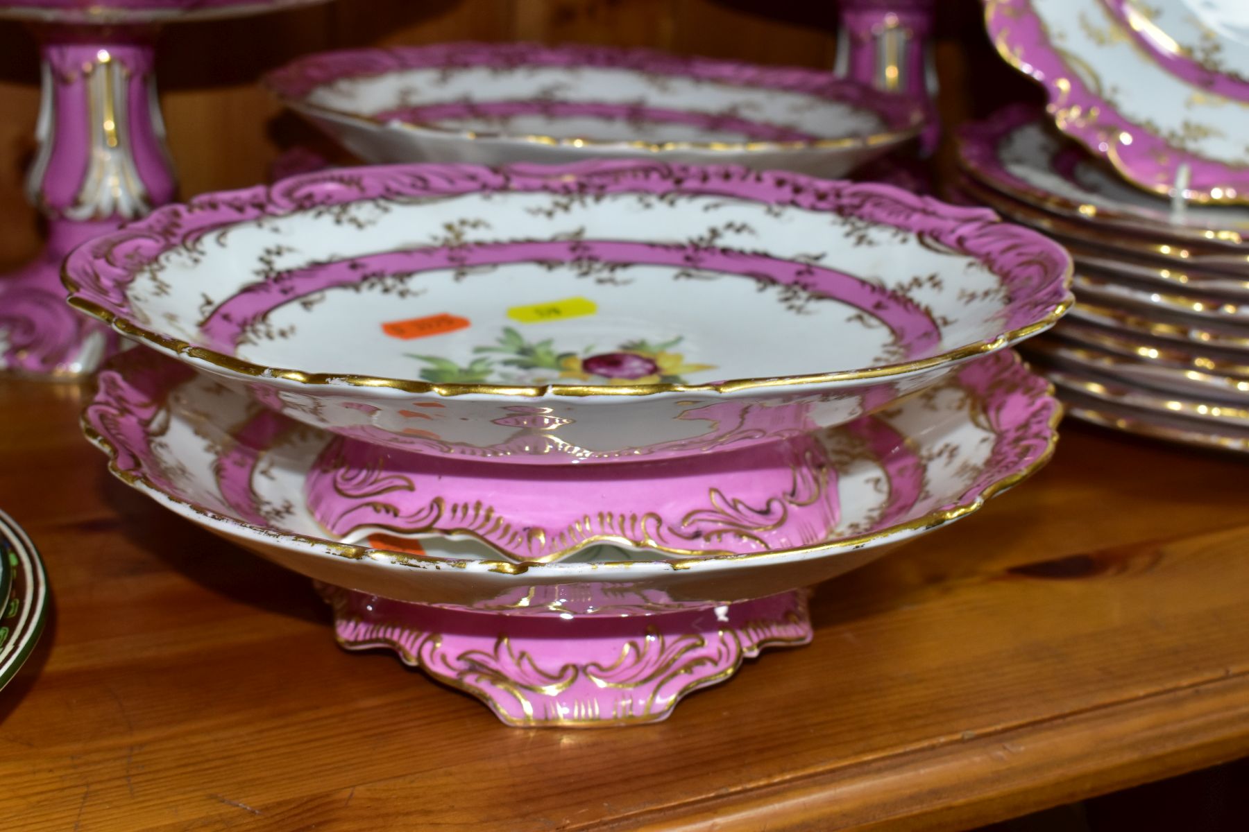 A SIXTEEN PIECE LATE VICTORIAN/EDWARDIAN DESSERT SET, POSSIBLY COALPORT, with gilt and modelled - Image 3 of 10