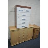 A MODERN BEECH SIDEBOARD, width 121cm x depth 40cm x height 85cm, a modern chest of six drawers,