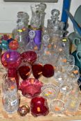 A GROUP OF CUT CRYSTAL AND OTHER GLASS WARES, to include a Waterford Lismore 15cm vase with original