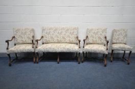 A LOUIS XIII WALNUT 'OS DE MOUTON' STYLE SOFA SUITE, possibly 19th century, reupholstered in cream