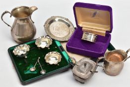 A SELECTION OF SILVER CUTLERY, to include a small silver tray with scrolling and foliage trim also