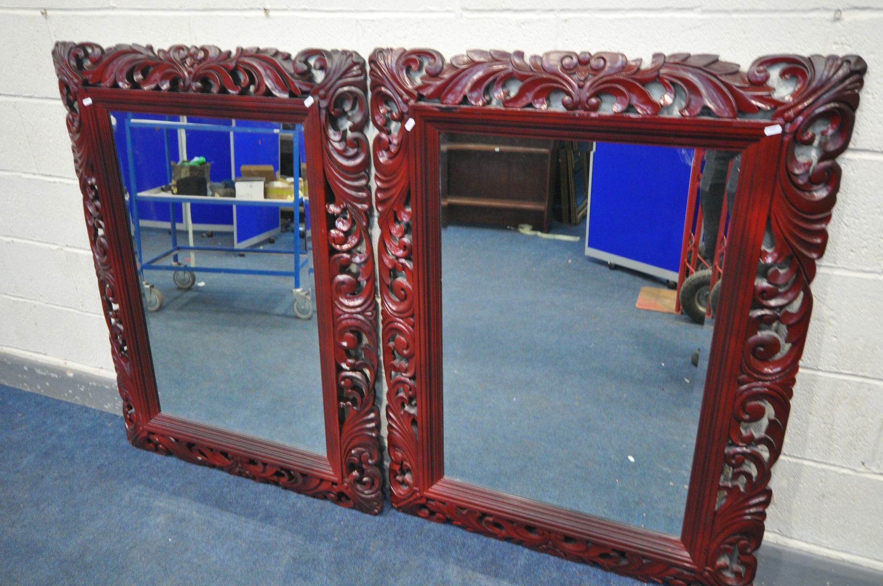 THREE LATE 20TH CENTURY FOLIATE WOODEN FRAMED BEVELLED EDGE WALL MIRRORS, all painted in burgundy, - Image 4 of 4