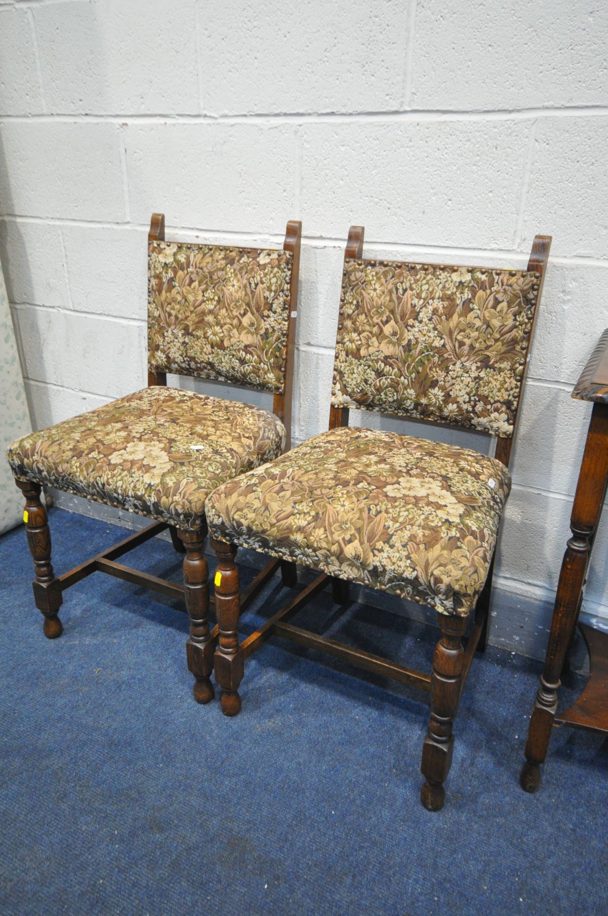 A SET OF FOUR OAK CHAIRS with upholstered back and seat, and a mahogany rectangular occasional table - Image 2 of 3