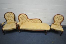 A MATCHED REPRODUCTION THREE PIECE LOUNGE SUITE, with gold buttoned upholstery, comprising a