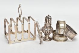 A SELECTION OF SILVER ITEMS, to include a hinged silver bangle with foliage style engraved pattern