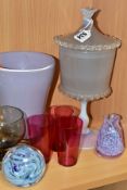 A SMALL GROUP OF COLOURED GLASSWARE, to include a vaseline and grey goblet and cover, with clear