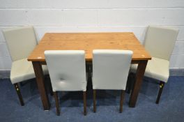 A MODERN PINE KITCHEN TABLE, and four cream leatherette chairs (5)