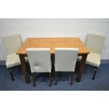 A MODERN PINE KITCHEN TABLE, and four cream leatherette chairs (5)