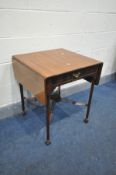 A GEORGIAN MAHOGANY SOFA TABLE, with drop leaves and single drawer, on square tapered legs, united