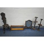 AN EDWARDIAN SHIELD DRESSING MIRROR, two oak barley twist smokers stands, an oak spinning chair