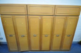 THREE TEAK EFFECT BEDROOM FITMENTS, each wardrobe width 90cm x depth 55cm x height 194cm