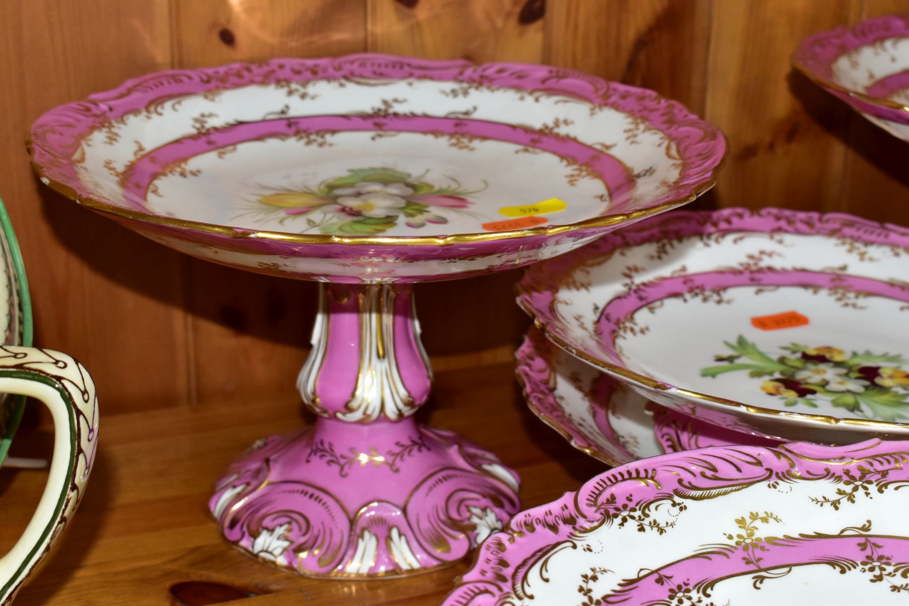 A SIXTEEN PIECE LATE VICTORIAN/EDWARDIAN DESSERT SET, POSSIBLY COALPORT, with gilt and modelled - Image 4 of 10