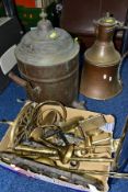 A SMALL QUANTITY OF METALWARE IN A BOX AND LOOSE, including brass bathroom fittings, wrought iron
